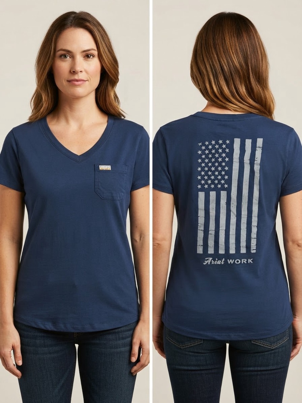 Ariat Navy V-Neck Pocket Tee with Flag Back Graphic